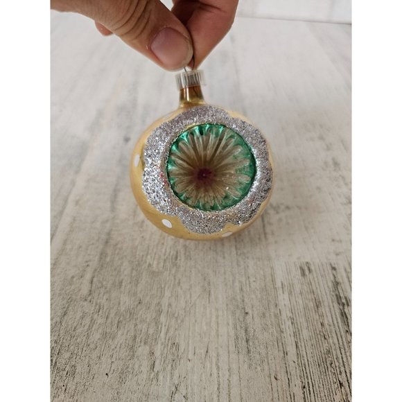 Vintage Austria yellow reflector ball vintage ornament polka dot glitter silver - Picture 3 of 9